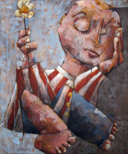 Junge mit gestreifter Hose und Blume_500