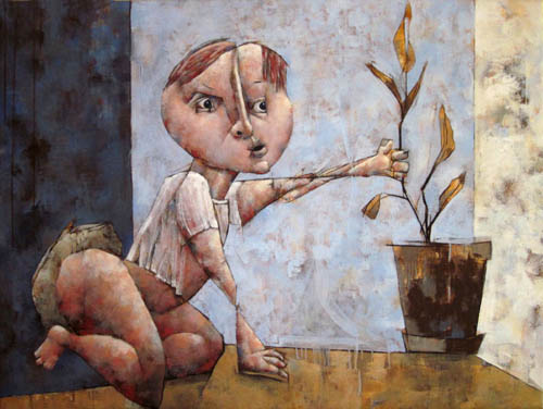 Kind nach Pflanze greifend_500